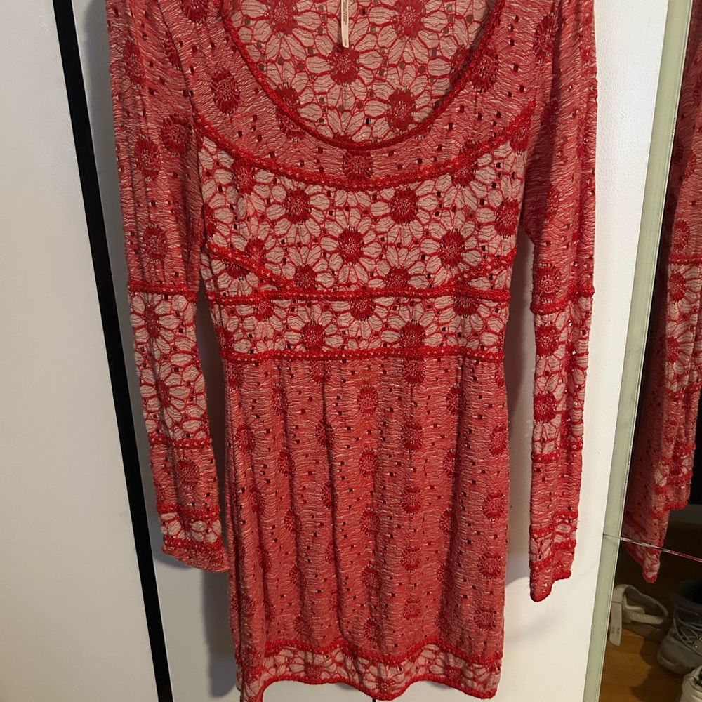 Free People Red Floral Lace Long Sleeve Mini Dress